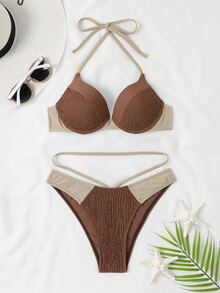 顏色分塊露背式推擠式夏季沙灘比基尼套裝 - 棕色 - 查看 3