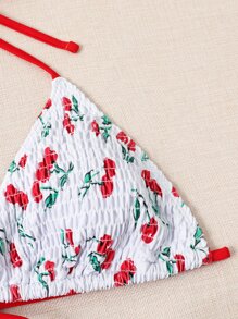 Swim Mod Summer Beach Cherry Print Bikini Set Smocked Halter Triangle Bra & Tie Side Bottom 2 Pieces Bikini - Red and White - View 5