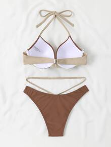 顏色分塊露背式推擠式夏季沙灘比基尼套裝 - 棕色 - 查看 2