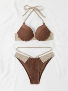 顏色分塊露背式推擠式夏季沙灘比基尼套裝 - 棕色 - 查看 4