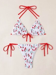Swim Mod Summer Beach Cherry Print Bikini Set Smocked Halter Triangle Bra & Tie Side Bottom 2 Pieces Bikini - Red and White - View 6