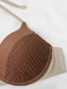 顏色分塊露背式推擠式夏季沙灘比基尼套裝 - 棕色 - 查看 6