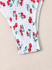 Swim Mod Summer Beach Cherry Print Bikini Set Smocked Halter Triangle Bra & Tie Side Bottom 2 Pieces Bikini - Red and White - View 7