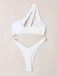 SHEIN Swim 環鏈鏤空單肩連體泳衣 - 白色 - 查看 8