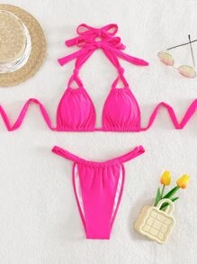 Solid Halter Triangle Thong Summer Beach Bikini Set - Hot Pink - View 2
