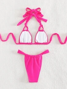 Solid Halter Triangle Thong Summer Beach Bikini Set - Hot Pink - View 6
