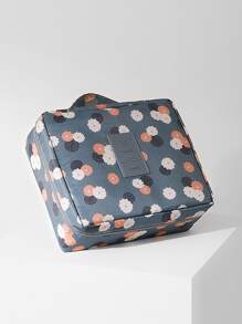 1pc Floral Print Makeup Bag, Letter Patch Decor Toiletry Bag ,Travel Beauty Bag, Portable Cosmetic Bag, Waterproof Wash Bag Brush Organizer, Travel Essentials - Blue - View 2