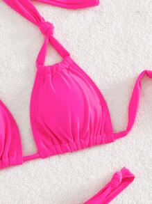 Solid Halter Triangle Thong Summer Beach Bikini Set - Hot Pink - View 7