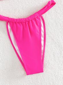 Solid Halter Triangle Thong Summer Beach Bikini Set - Hot Pink - View 8
