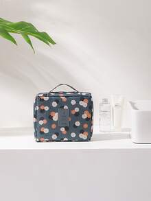 1pc Floral Print Makeup Bag, Letter Patch Decor Toiletry Bag ,Travel Beauty Bag, Portable Cosmetic Bag, Waterproof Wash Bag Brush Organizer, Travel Essentials - Blue - View 3