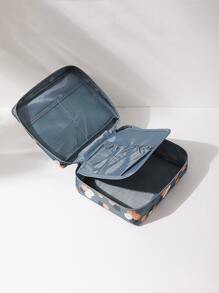 1pc Floral Print Makeup Bag, Letter Patch Decor Toiletry Bag ,Travel Beauty Bag, Portable Cosmetic Bag, Waterproof Wash Bag Brush Organizer, Travel Essentials - Blue - View 4