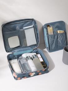 1pc Floral Print Makeup Bag, Letter Patch Decor Toiletry Bag ,Travel Beauty Bag, Portable Cosmetic Bag, Waterproof Wash Bag Brush Organizer, Travel Essentials - Blue - View 8