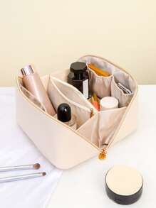 1pc Plain Makeup Bag , Travel Essentials - Beige - View 1