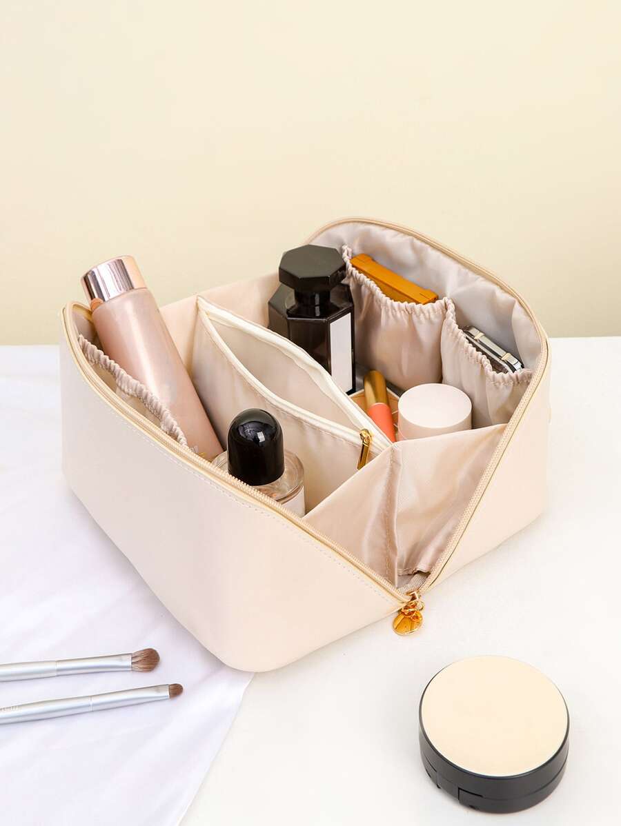 1pc Plain Makeup Bag , Travel Essentials - Beige - View 1