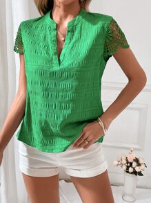 SHEIN VCAY Contrast Guipure Lace Notched Neckline Blouse - Green - View 6