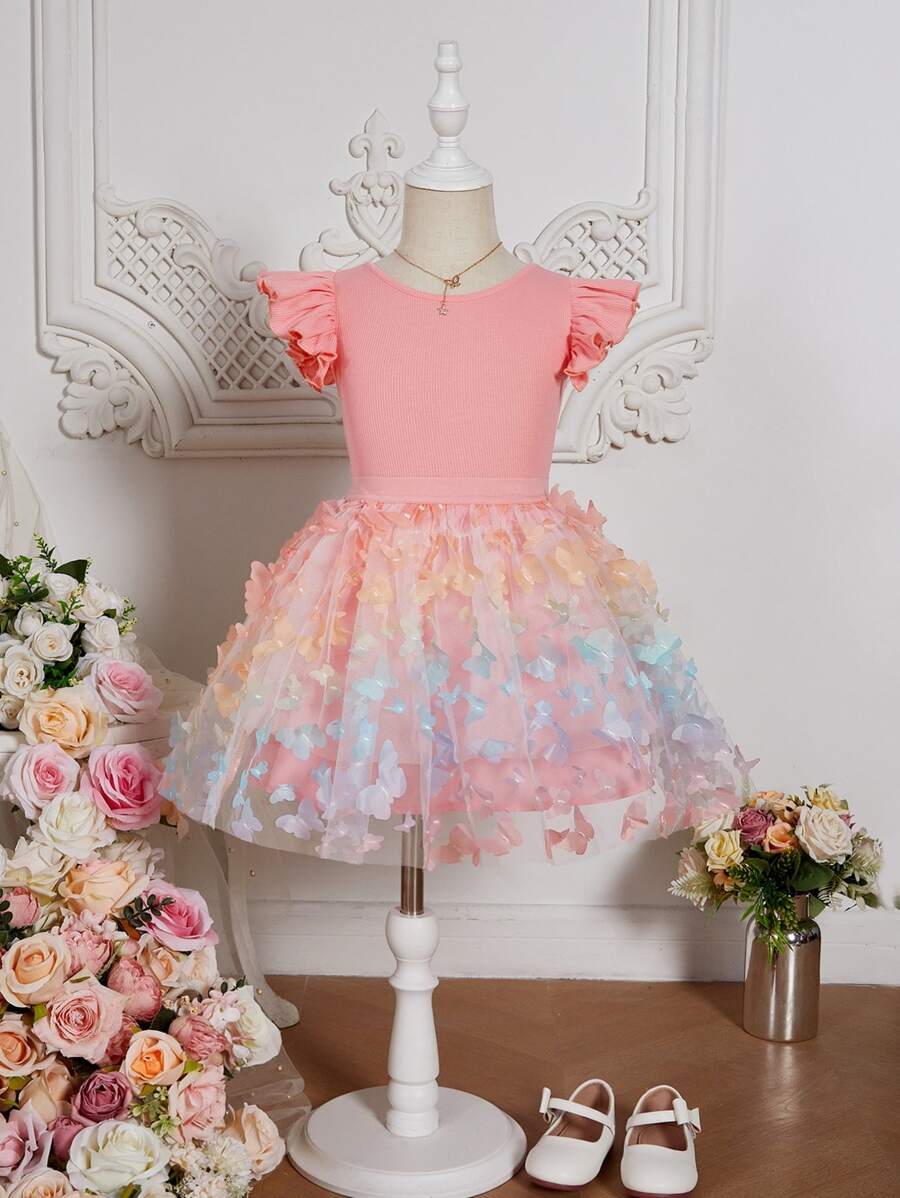 SHEIN Girls Ruffle Trim Tee & Butterfly Appliques Mesh Skirt - Multicolor - View 1