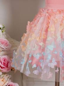 SHEIN Girls Ruffle Trim Tee & Butterfly Appliques Mesh Skirt - Multicolor - View 4