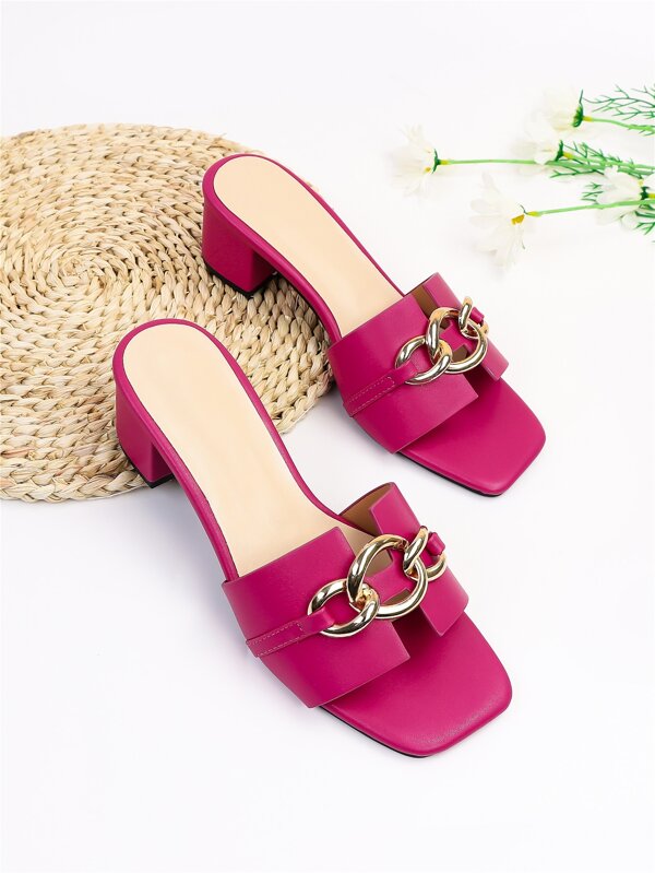 Women Chain Decor Chunky Heeled Sandals, Funky Hot Pink Mule Sandals