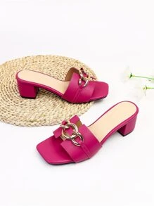 Sandali con tacco alto e catena decorativa da donna per primavera/estate, sandali mulo fucsia accesi e alla moda - Fucsia - Visualizzare 5