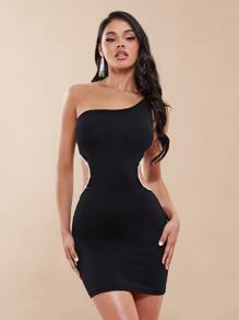 SHEIN BAE 單肩水鑽細節腰部鏤空緊身連衣裙 - 黑色 - 查看 4