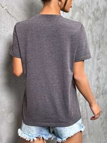 SHEIN LUNE 字母圖案T恤 - 灰色 - 查看 2