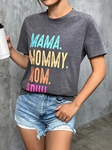 SHEIN LUNE 字母圖案T恤 - 灰色 - 查看 3