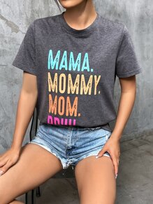 SHEIN LUNE 字母圖案T恤 - 灰色 - 查看 5