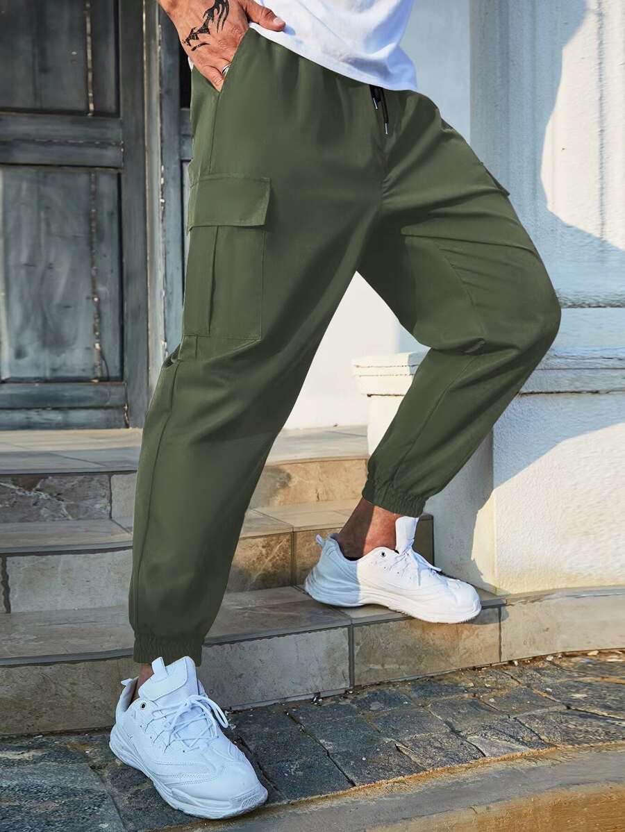 Manfinity Homme Men Flap Pocket Side Drawstring Waist Cargo Trousers - Army Green - View 1