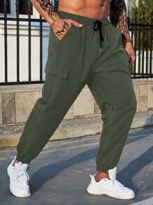 Manfinity Homme Men Flap Pocket Side Drawstring Waist Cargo Trousers - Army Green - View 3