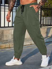 Manfinity Homme Men Flap Pocket Side Drawstring Waist Cargo Trousers - Army Green - View 4