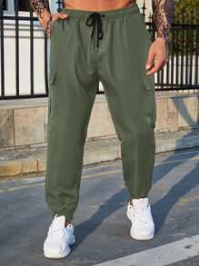 Manfinity Homme Men Flap Pocket Side Drawstring Waist Cargo Trousers - Army Green - View 5