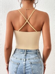 SHEIN Essnce 素色褶邊吊帶上衣 - 杏色 - 查看 2