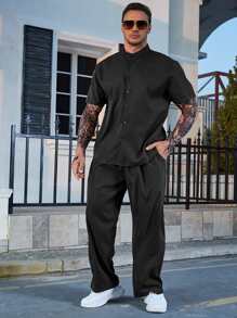 Manfinity RSRT Bộ hai mảnh Nam Nút phía trước màu trơn Giải trí - màu đen - Xem 1