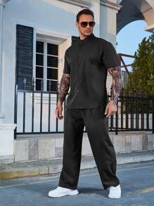 Manfinity RSRT Bộ hai mảnh Nam Nút phía trước màu trơn Giải trí - màu đen - Xem 4