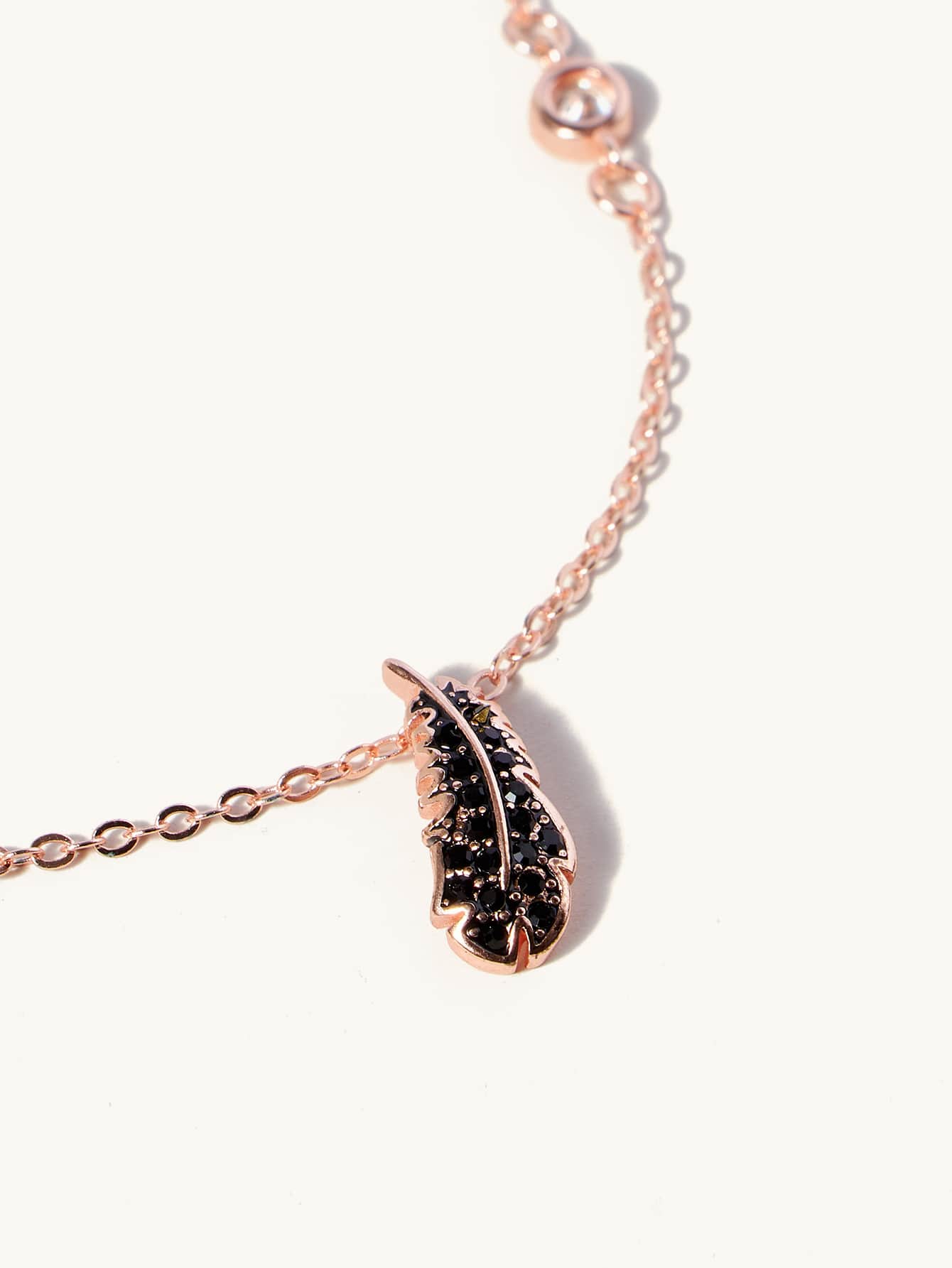 1入組925銀鋯石點綴黑色羽毛吊墜項鍊 - 玫瑰金 - 查看 1