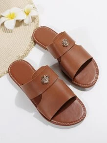 女士金屬裝飾鏤空平底時尚棕色涼拖 - 鏽棕色 - 查看 6