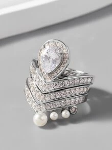 方晶锆石与仿珍珠装饰银婚戒 - 銀色 - 查看 1