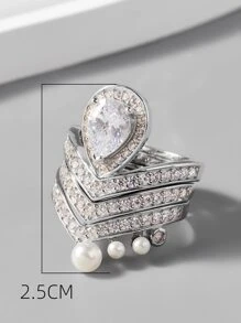 方晶锆石与仿珍珠装饰银婚戒 - 銀色 - 查看 4