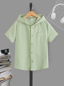 SHEIN Boys Solid Button Front Hooded Shirt - Lime Green - View 1