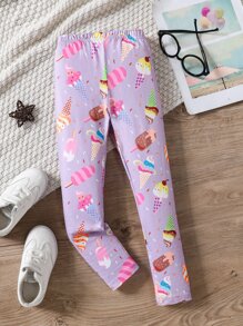 SHEIN 小女童冰淇淋印花緊身打底褲 - 紫色 - 查看 1