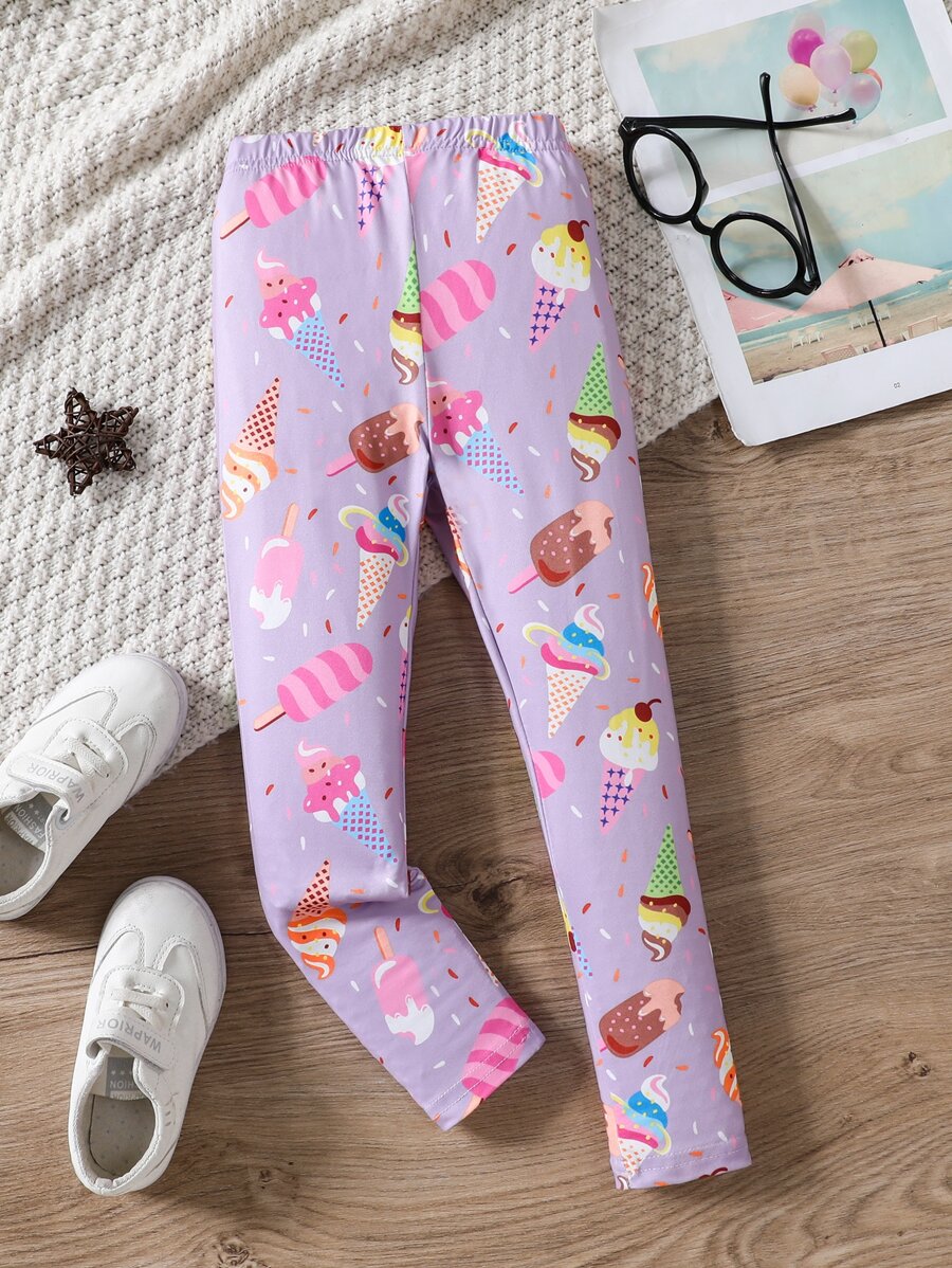 SHEIN 小女童冰淇淋印花緊身打底褲 - 紫色 - 查看 1