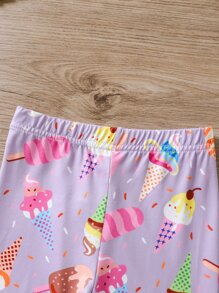 SHEIN 小女童冰淇淋印花緊身打底褲 - 紫色 - 查看 3