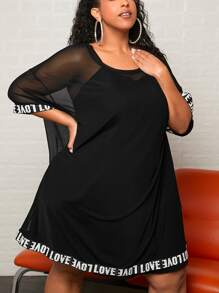 SHEIN CURVE+ Vestido panel con cinta con letra de malla en contraste de manga raglán - Negro - Ver 1