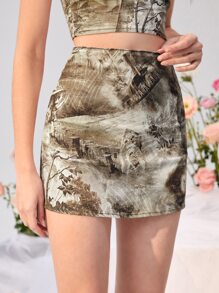 SHEIN MOD Graphic Print Denim Skirt - Multicolor - View 3