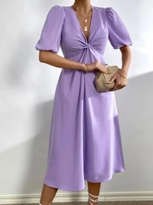 Chiquease Twist Front Zip Back Puff Sleeve Dress - Lilac Purple - View 1