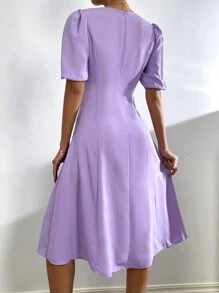 Chiquease Twist Front Zip Back Puff Sleeve Dress - Lilac Purple - View 2