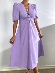 Chiquease Twist Front Zip Back Puff Sleeve Dress - Lilac Purple - View 3