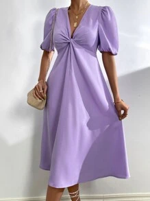 Chiquease Twist Front Zip Back Puff Sleeve Dress - Lilac Purple - View 4