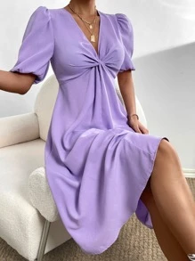 Chiquease Twist Front Zip Back Puff Sleeve Dress - Lilac Purple - View 5