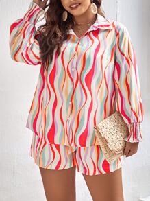 SHEIN LUNE Plus Allover Print Shirt & Shorts - Multicolor - View 5